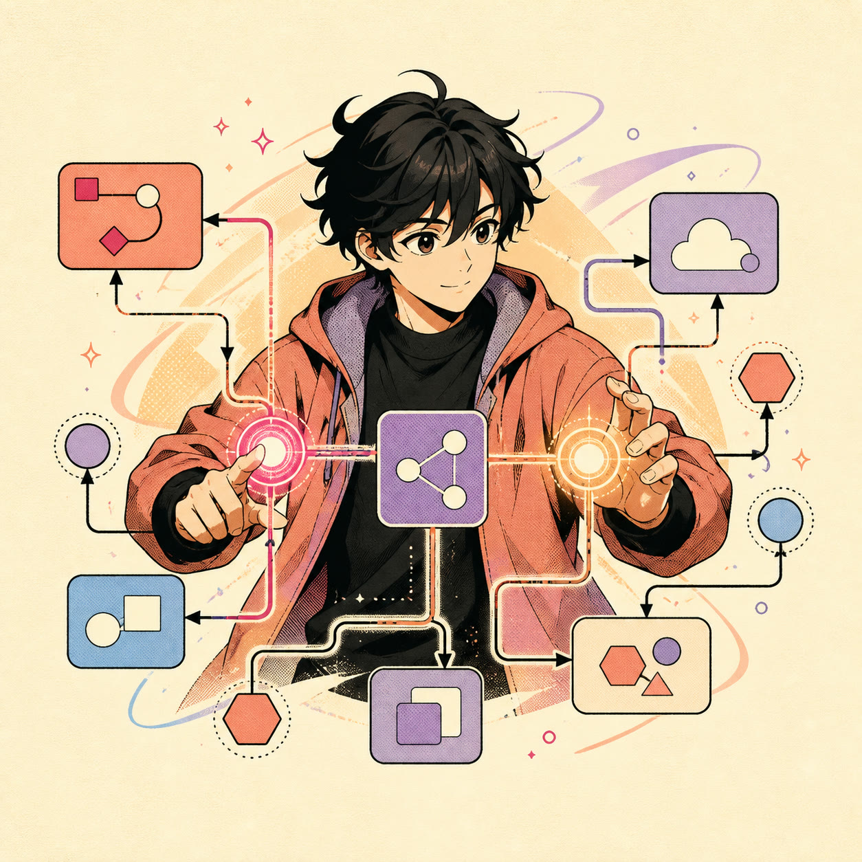 Anime-style illustration of a developer connecting abstract workflow nodes