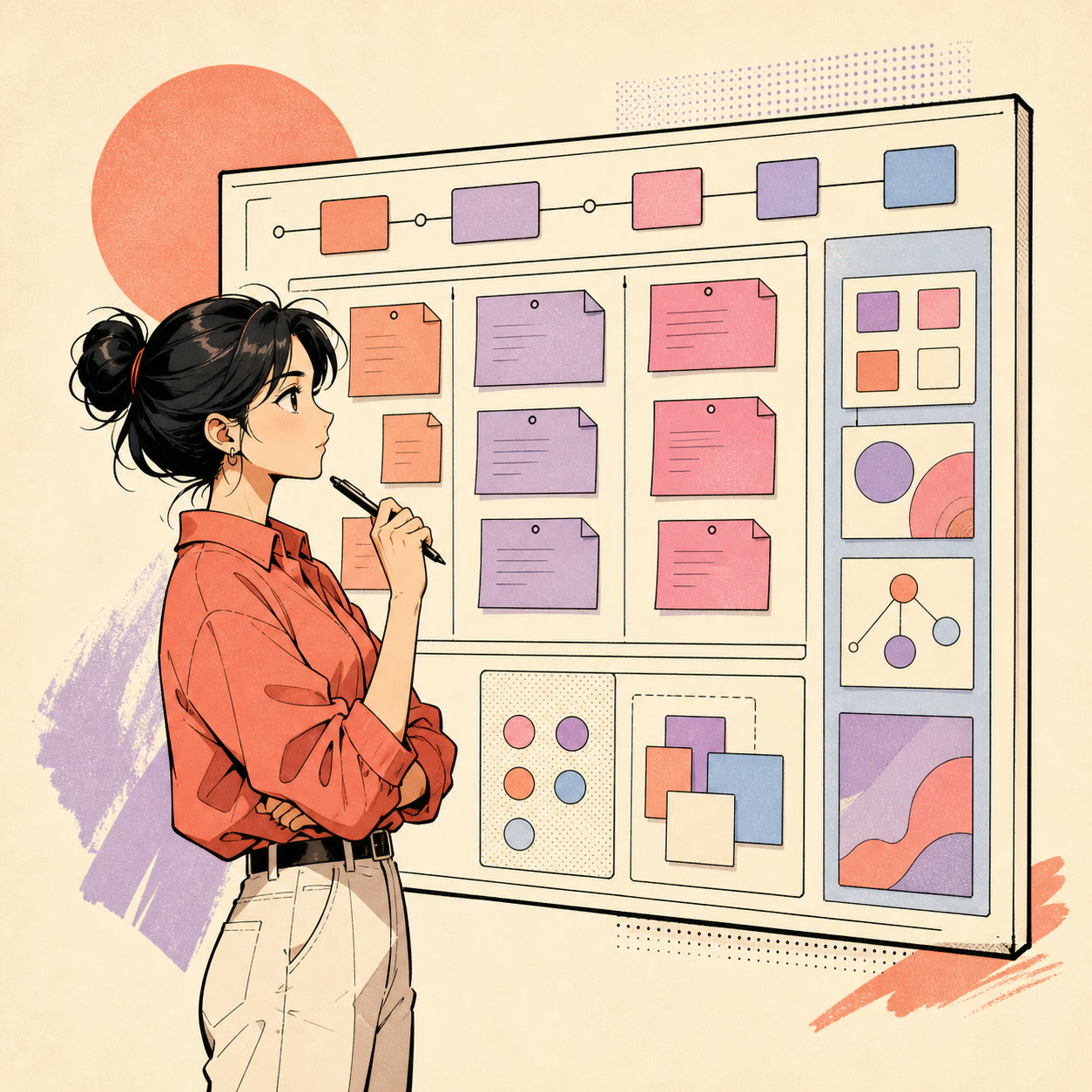 Anime-style illustration of an operations lead reviewing an abstract dashboard board