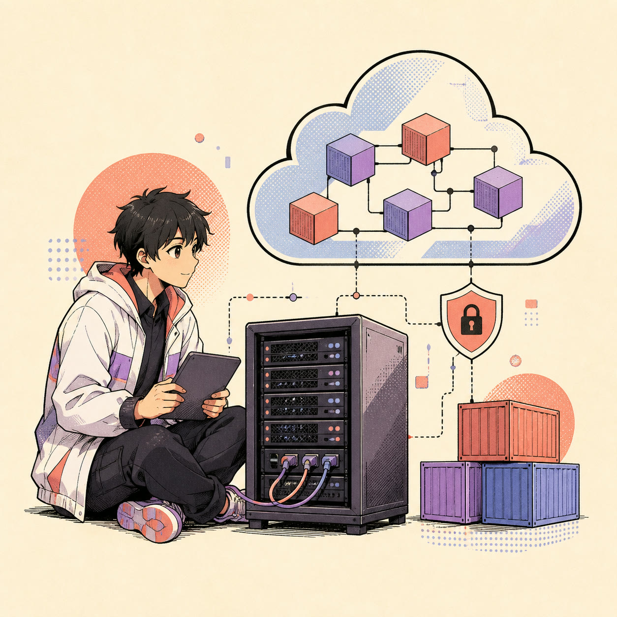 Anime-style illustration of an engineer monitoring servers, cloud systems, and containers