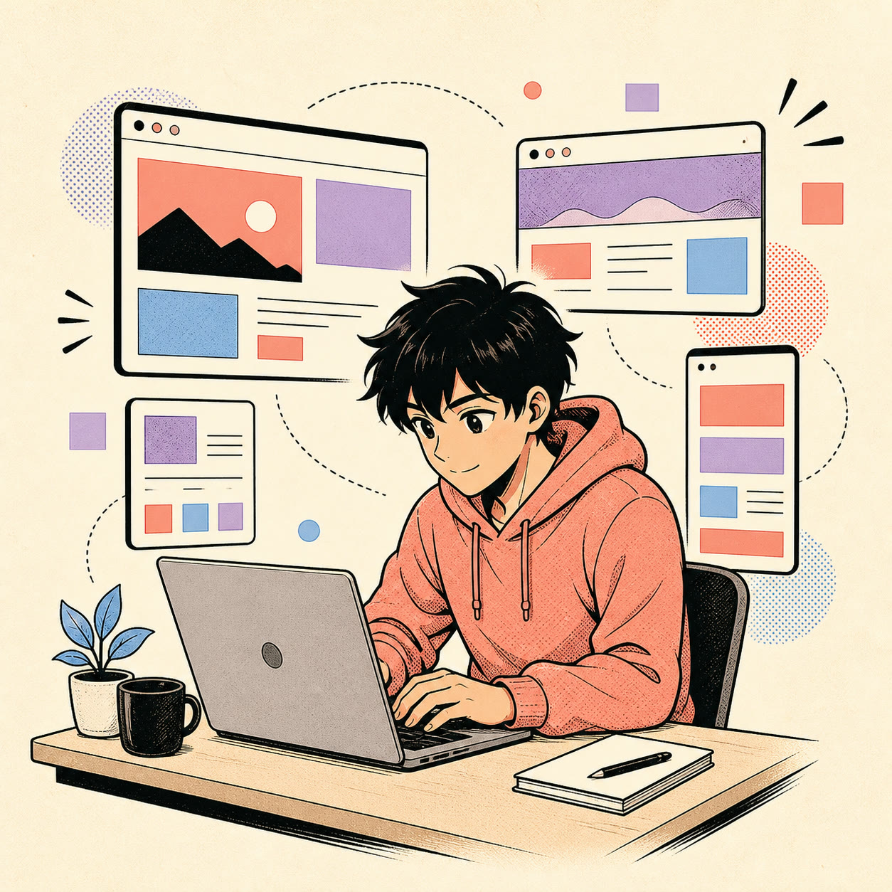 Anime-style illustration of a developer surrounded by responsive browser panels