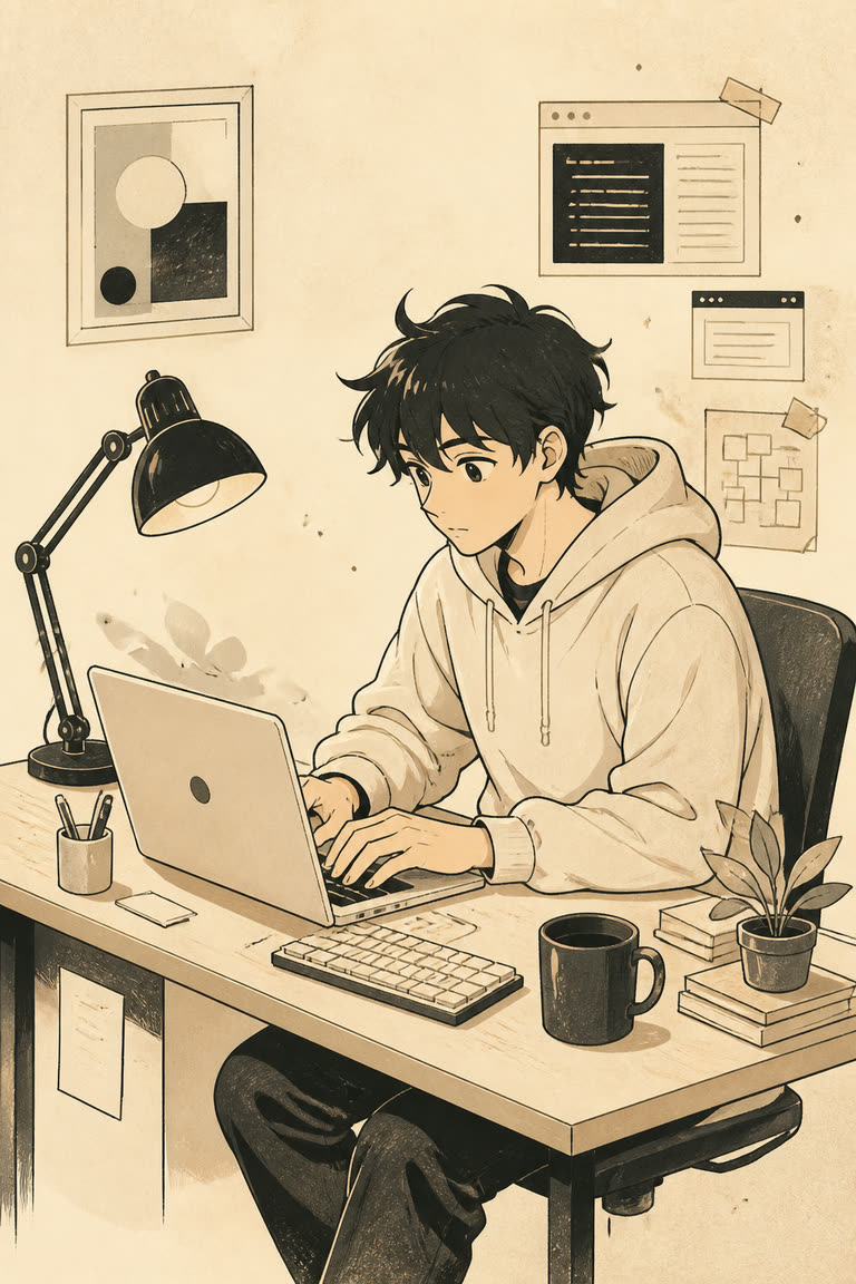 Original illustration of a developer working at a compact desk
